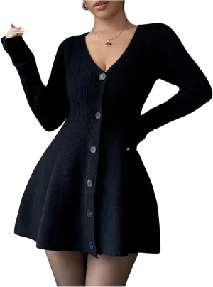 SOLY HUX Women's Sweater Dress Button Down V Neck Long Sleeve Knit A Line Mini Dresses
