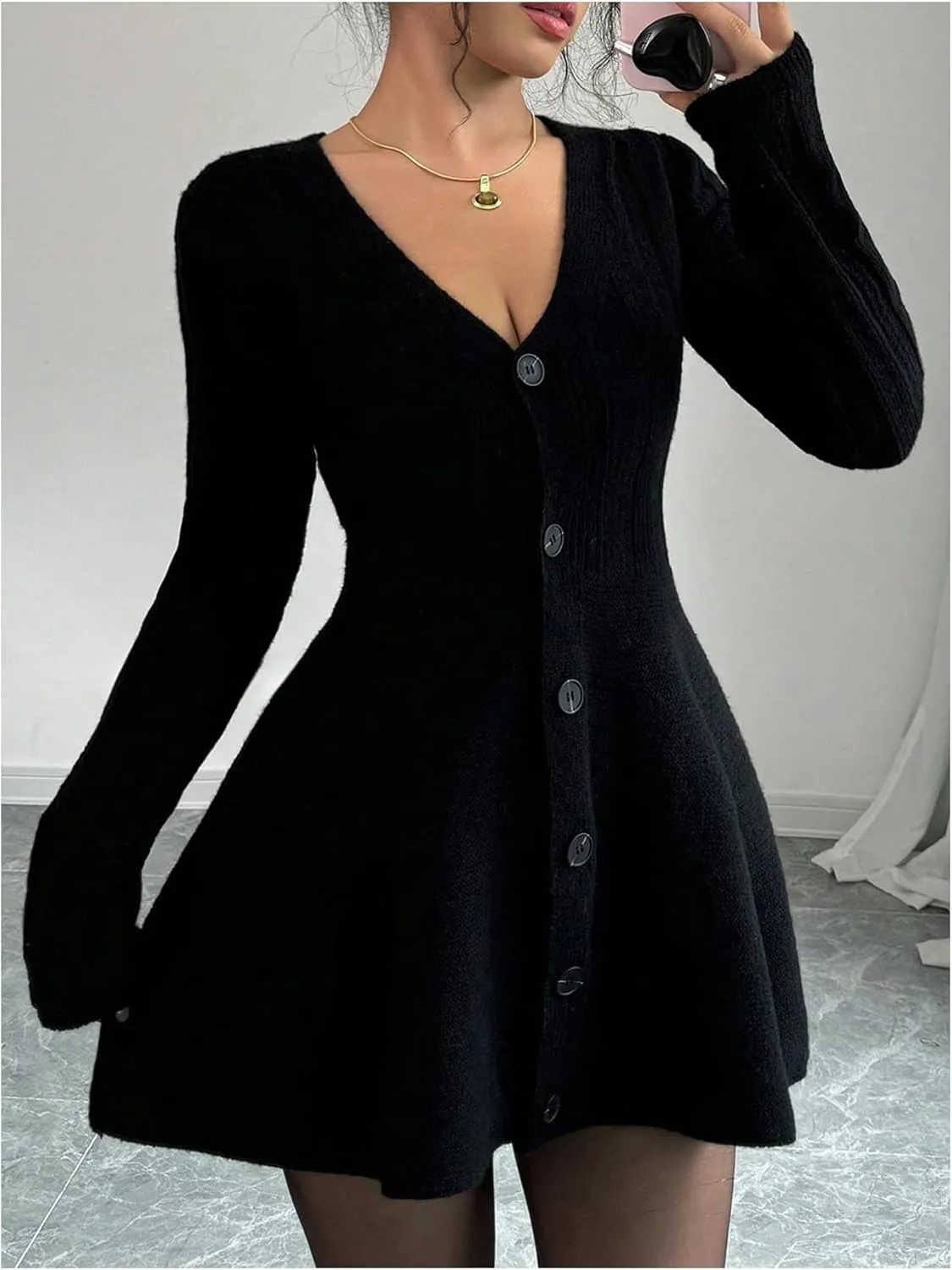 SOLY HUX Women's Sweater Dress Button Down V Neck Long Sleeve Knit A Line Mini Dresses