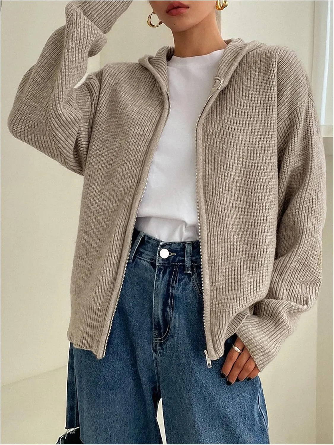 SOLY HUX Women's Zip Up Hooded Cardigan Sweater Knitted Drop Shoulder Fall Hoodies Outerwear