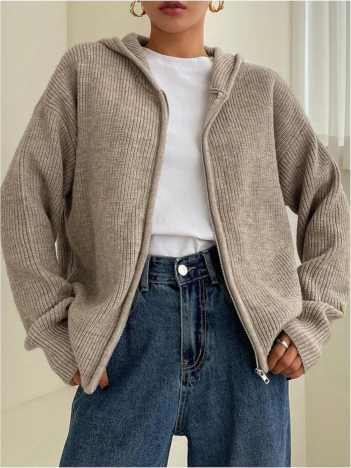SOLY HUX Women's Zip Up Hooded Cardigan Sweater Knitted Drop Shoulder Fall Hoodies Outerwear