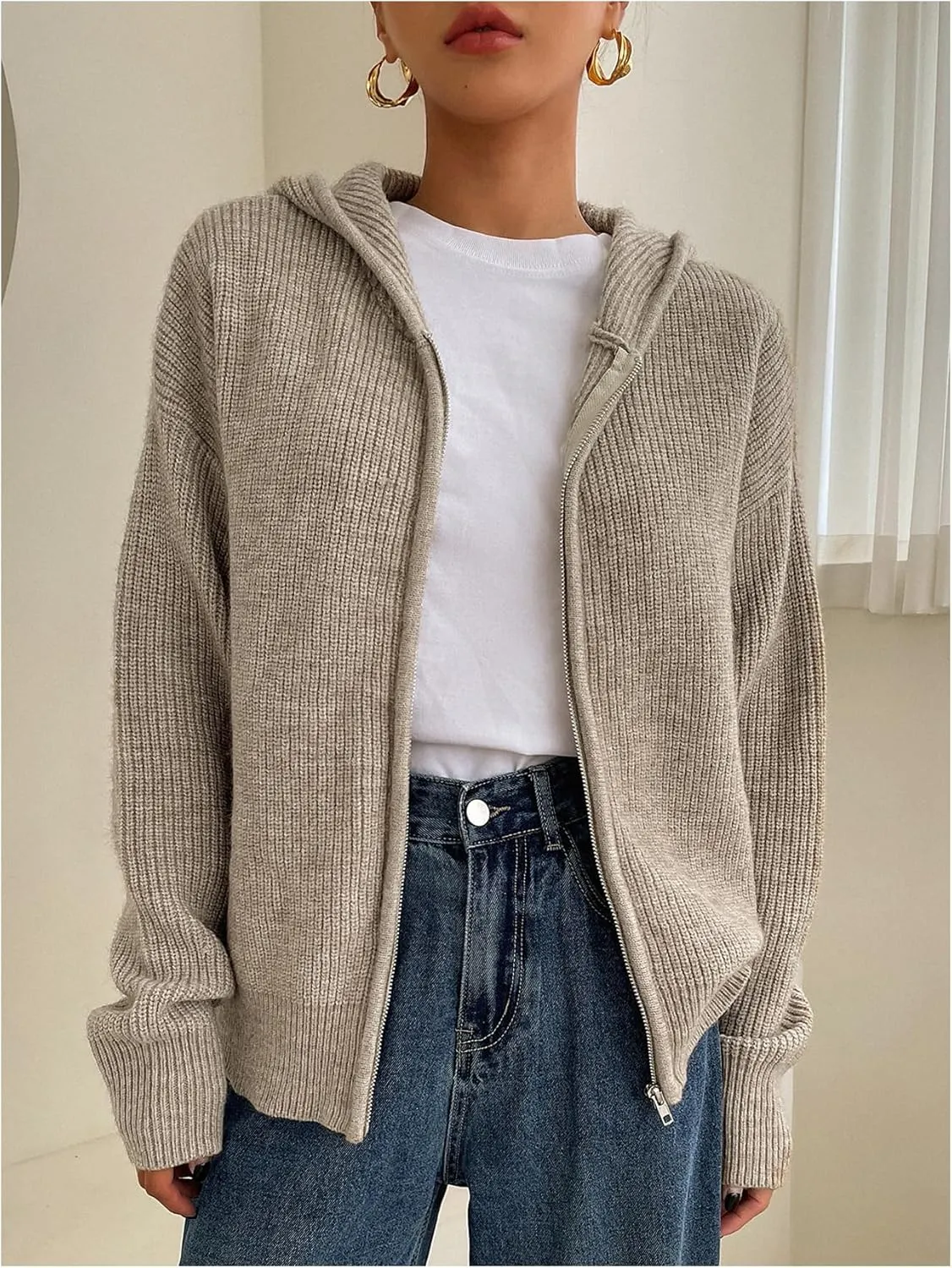SOLY HUX Women's Zip Up Hooded Cardigan Sweater Knitted Drop Shoulder Fall Hoodies Outerwear