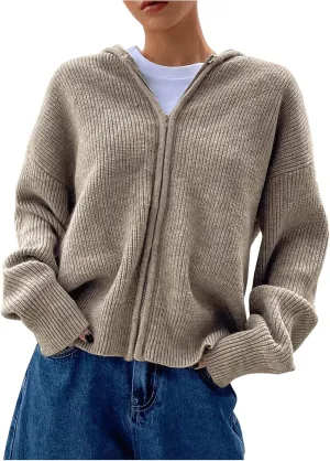 SOLY HUX Women's Zip Up Hooded Cardigan Sweater Knitted Drop Shoulder Fall Hoodies Outerwear