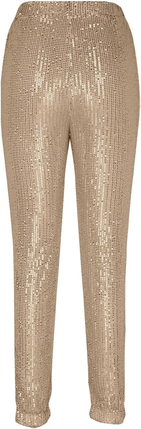 Sparkly Sequins Pants for Women Trendy Plus Size High Waisted 70s Disco Outfits Formal Cocktail Night Out Clothing
