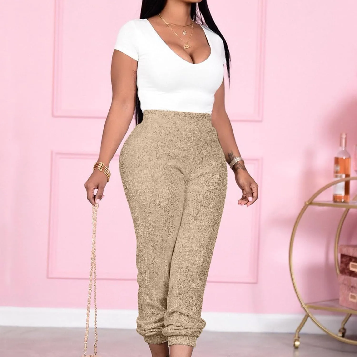 Sparkly Sequins Pants for Women Trendy Plus Size High Waisted 70s Disco Outfits Formal Cocktail Night Out Clothing