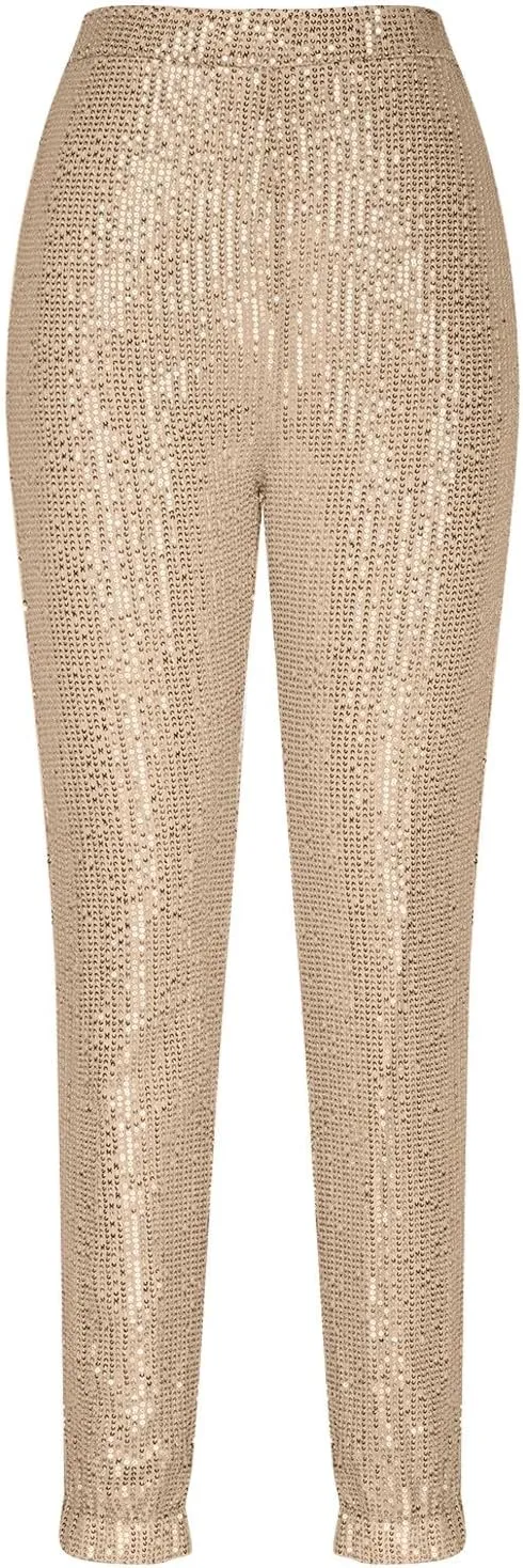 Sparkly Sequins Pants for Women Trendy Plus Size High Waisted 70s Disco Outfits Formal Cocktail Night Out Clothing