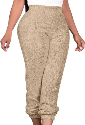 Sparkly Sequins Pants for Women Trendy Plus Size High Waisted 70s Disco Outfits Formal Cocktail Night Out Clothing
