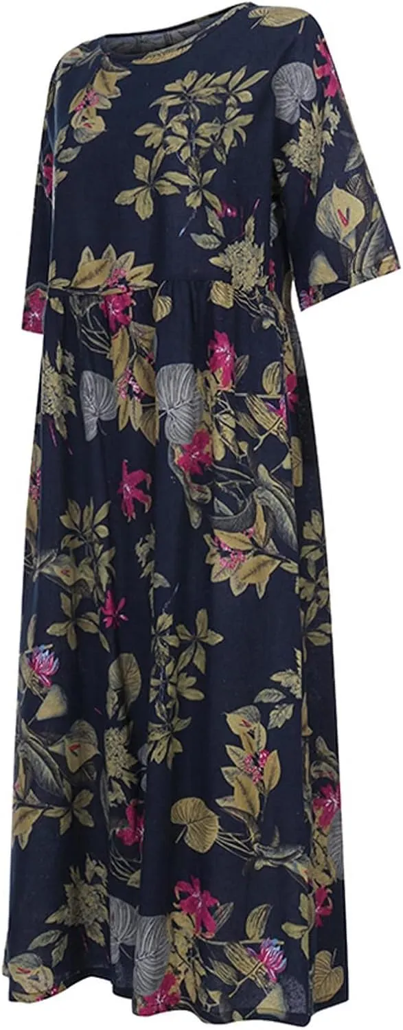 Spring Dresses for Women 2024 Casual 3/4 Sleeve Plus Size Maxi Dress A Line Shirt Flowy Swing Beach Vacation Long Sundress