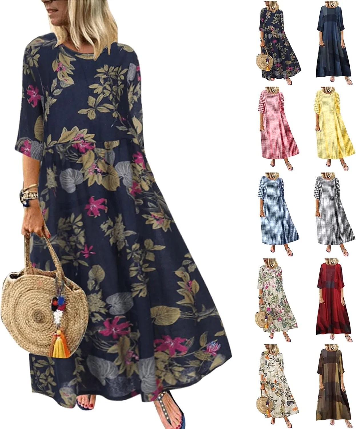 Spring Dresses for Women 2024 Casual 3/4 Sleeve Plus Size Maxi Dress A Line Shirt Flowy Swing Beach Vacation Long Sundress