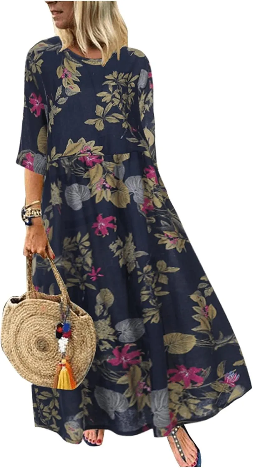 Spring Dresses for Women 2024 Casual 3/4 Sleeve Plus Size Maxi Dress A Line Shirt Flowy Swing Beach Vacation Long Sundress