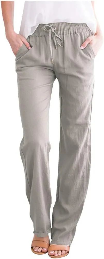 Summer Beach Linen Pants for Women Casual Drawstring Elastic Waist Pants Wide Leg Trousers with Pockets