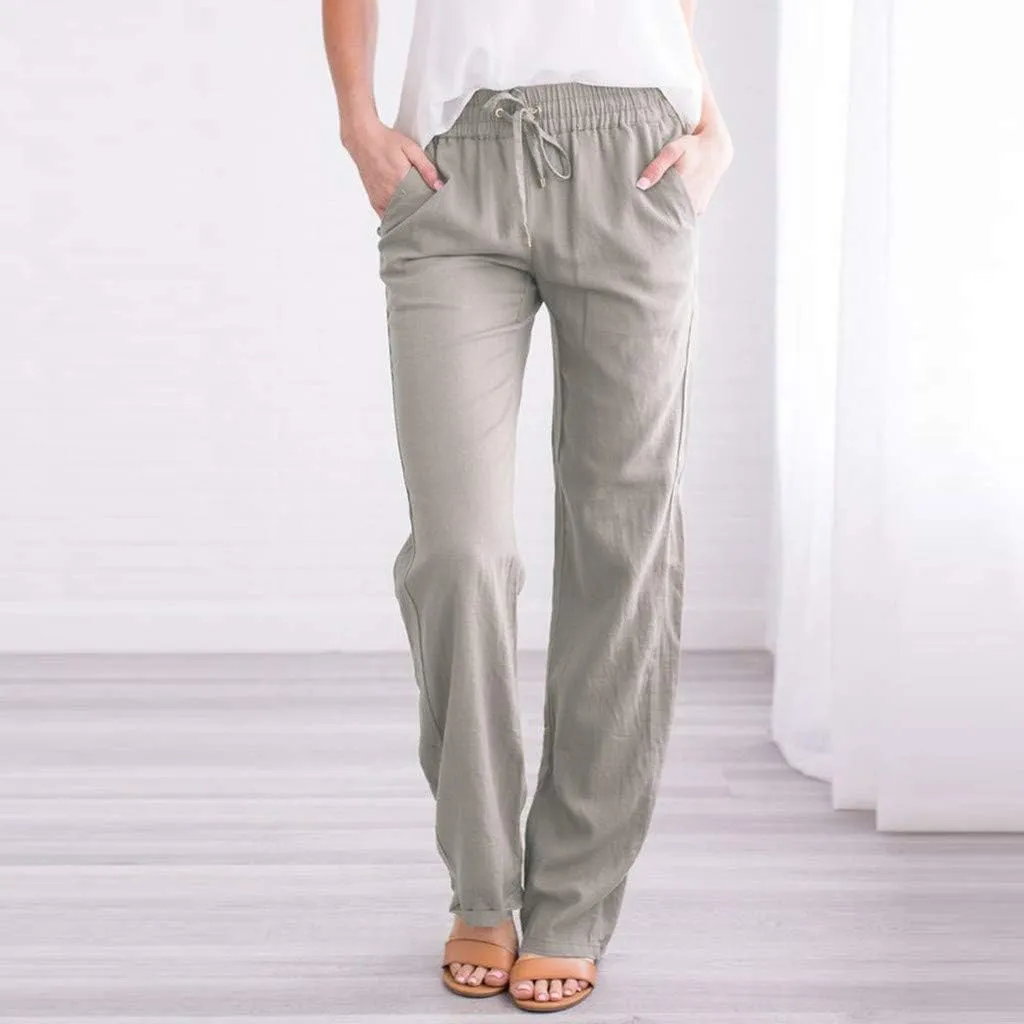 Summer Beach Linen Pants for Women Casual Drawstring Elastic Waist Pants Wide Leg Trousers with Pockets