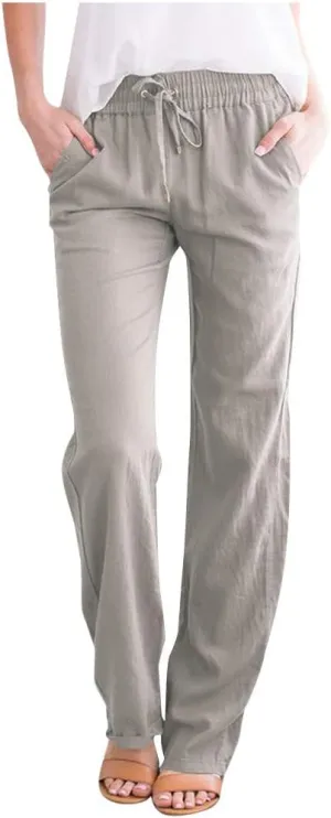 Summer Beach Linen Pants for Women Casual Drawstring Elastic Waist Pants Wide Leg Trousers with Pockets