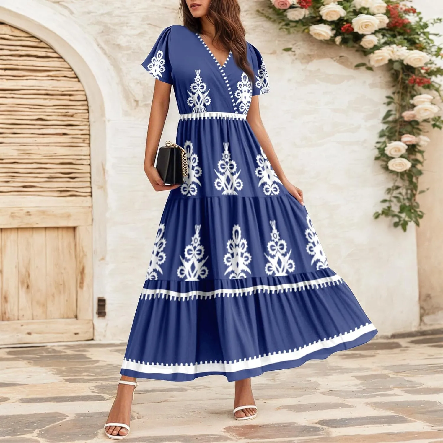 Summer Dress for Women 2025 Floral Sundress Short Sleeve Flowy Beach Vacation Boho Maxi Dresses
