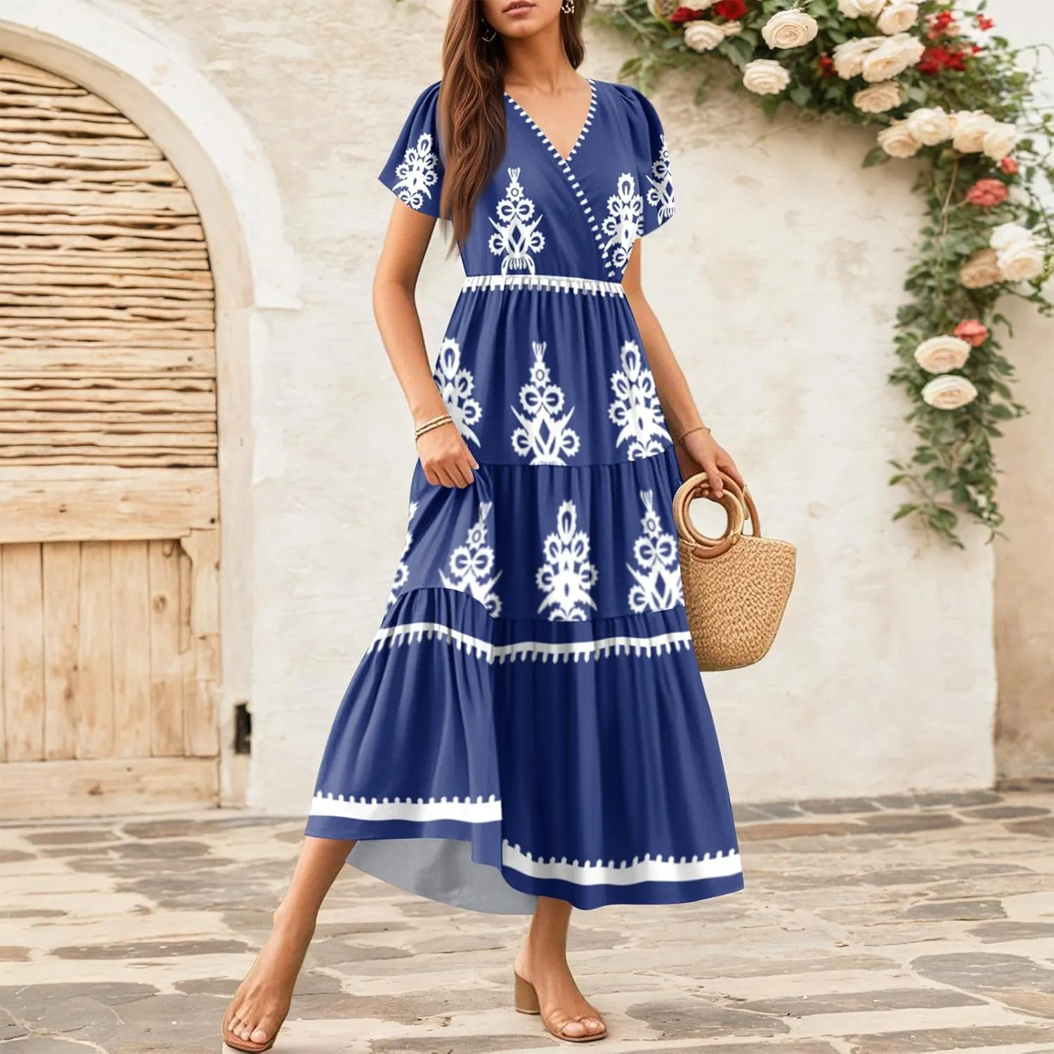 Summer Dress for Women 2025 Floral Sundress Short Sleeve Flowy Beach Vacation Boho Maxi Dresses