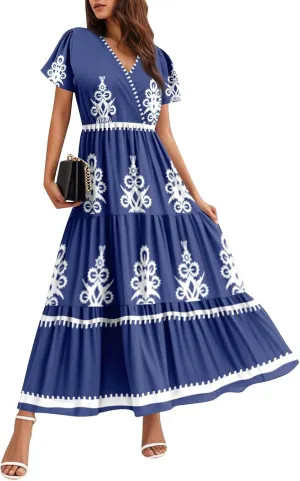 Summer Dress for Women 2025 Floral Sundress Short Sleeve Flowy Beach Vacation Boho Maxi Dresses