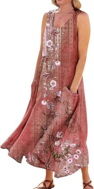 Summer Dresses for Women 2024 Casual Bohemian Solid Color Sleeveless Beach Vacation Sundresses Cotton Linen Dresses Pocket