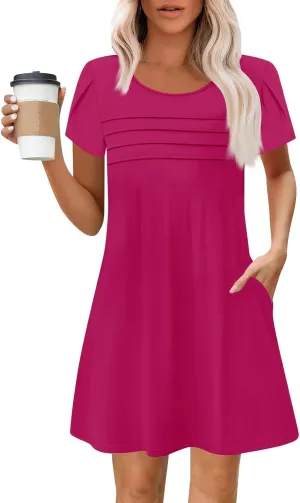 Summer Dresses for Women 2025 Casual T Shirt Dresses Crew Neck Floral Short Sleeve Dress Pleated Front Beach Dress