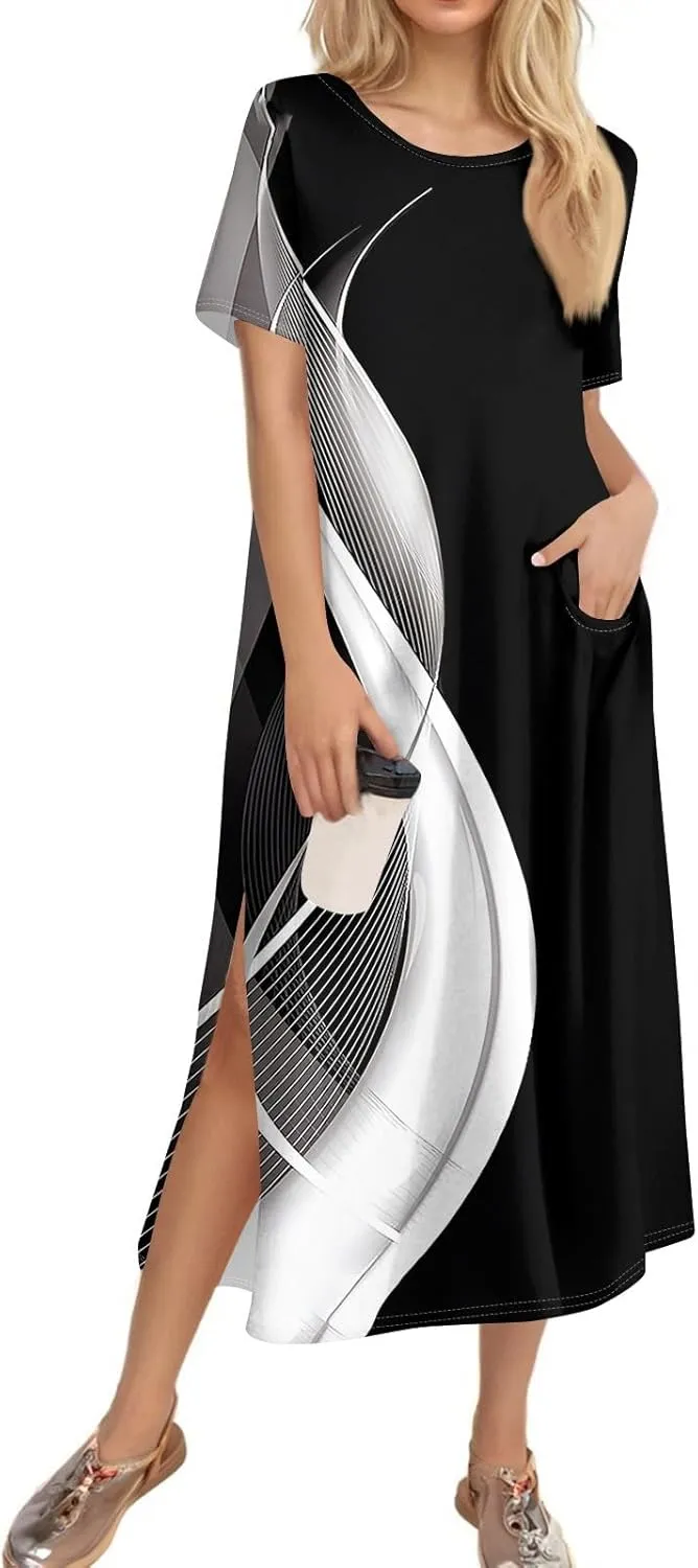 Summer Dresses for Women 2025 Crew Neck Short Sleeve Long Dresses for Women Trendy Clothes Flowy Skirt Sundress