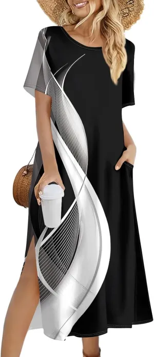Summer Dresses for Women 2025 Crew Neck Short Sleeve Long Dresses for Women Trendy Clothes Flowy Skirt Sundress