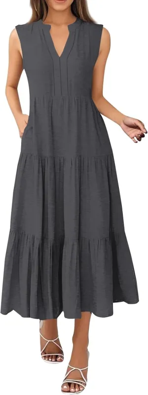 Summer Dresses for Women 2025 Maxi Casual Floral Boho Sundresses Sleeveless V-Neck Pleated Beach Vacation Tank Dress