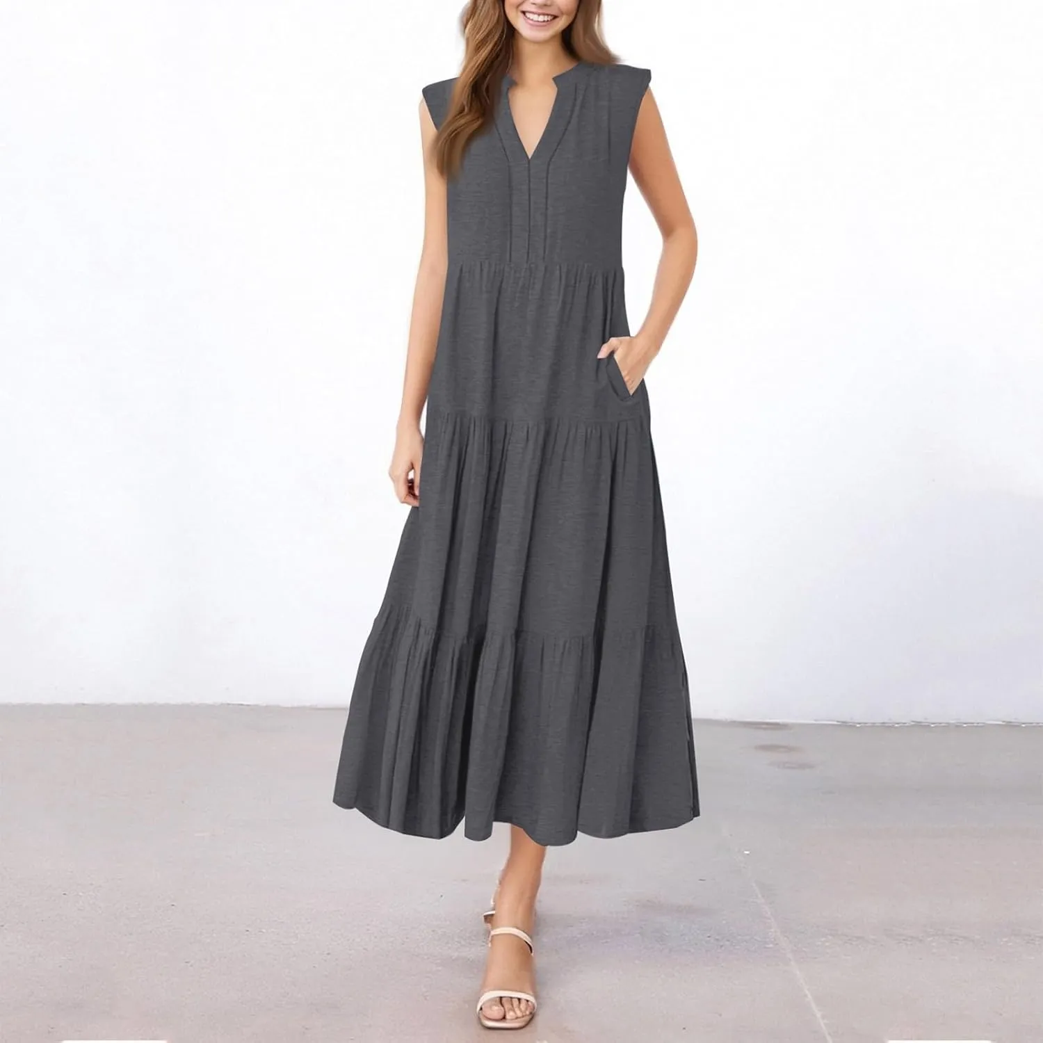 Summer Dresses for Women 2025 Maxi Casual Floral Boho Sundresses Sleeveless V-Neck Pleated Beach Vacation Tank Dress