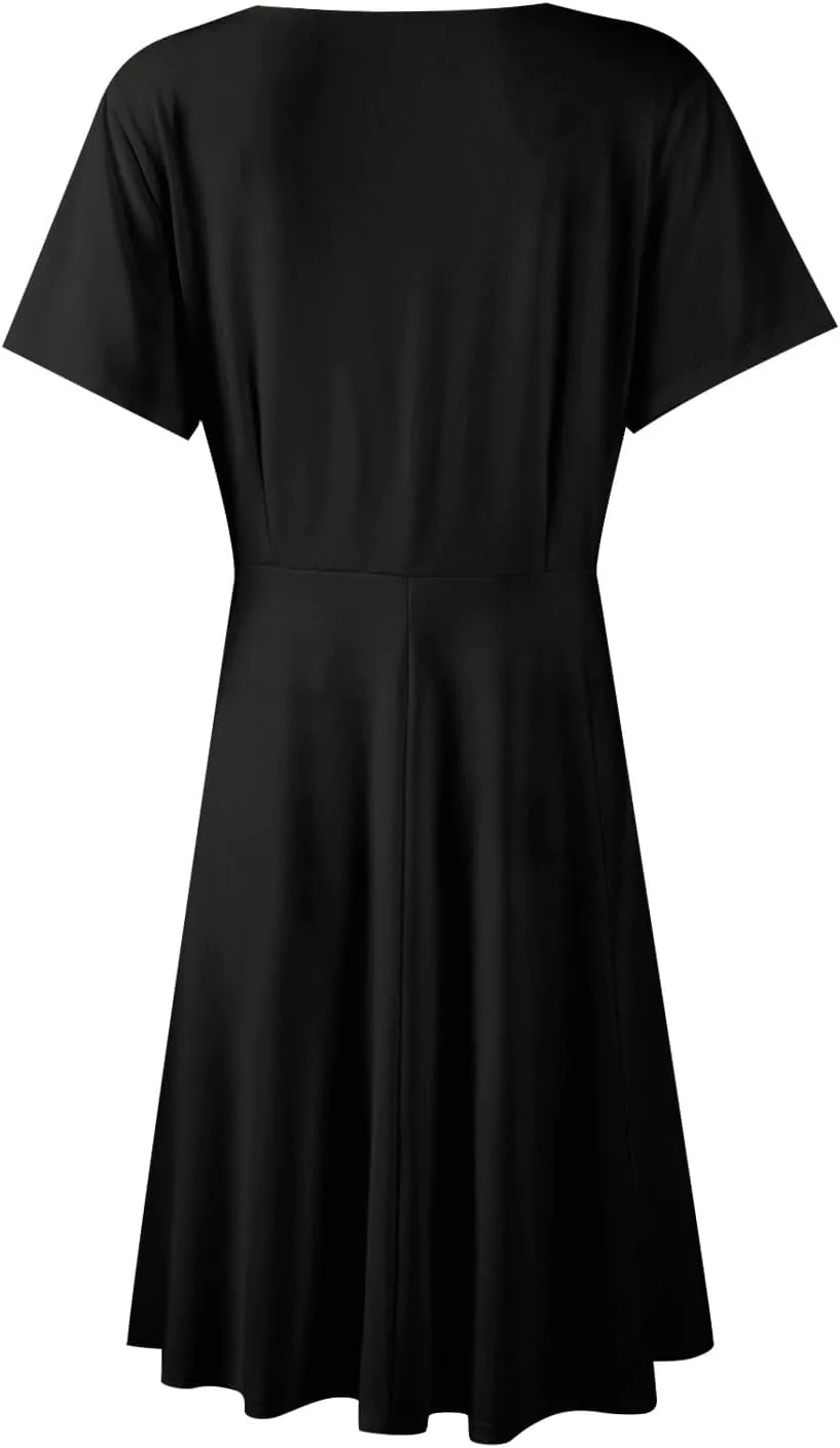 Summer Dresses for Women 2025 Midi Floral Print Classy Deep V Neck Fashion Short Sleeve Knee Length Dress