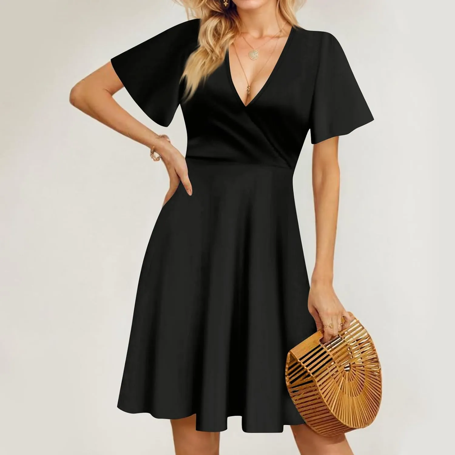 Summer Dresses for Women 2025 Midi Floral Print Classy Deep V Neck Fashion Short Sleeve Knee Length Dress