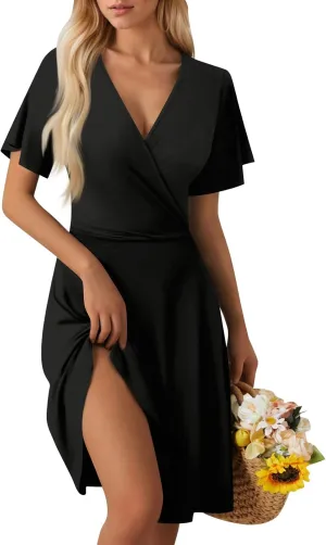 Summer Dresses for Women 2025 Midi Floral Print Classy Deep V Neck Fashion Short Sleeve Knee Length Dress