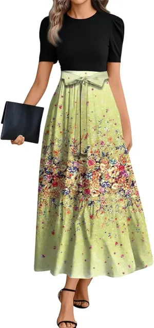 Summer Dresses for Women 2025 Patchwork a Line Dress Flowy Floral Long Sundress Short Sleeve Ruffle Hem Maxi Dress