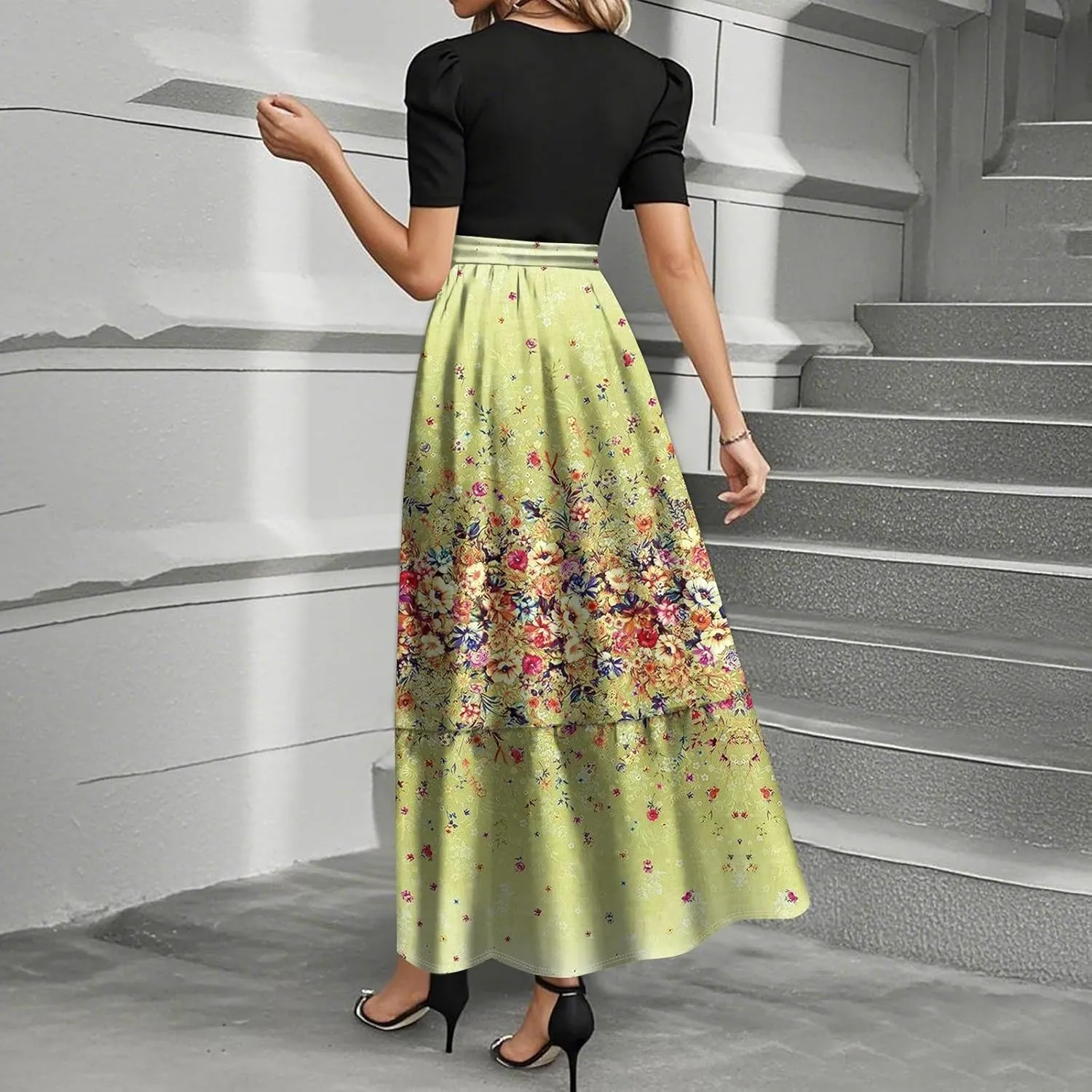 Summer Dresses for Women 2025 Patchwork a Line Dress Flowy Floral Long Sundress Short Sleeve Ruffle Hem Maxi Dress
