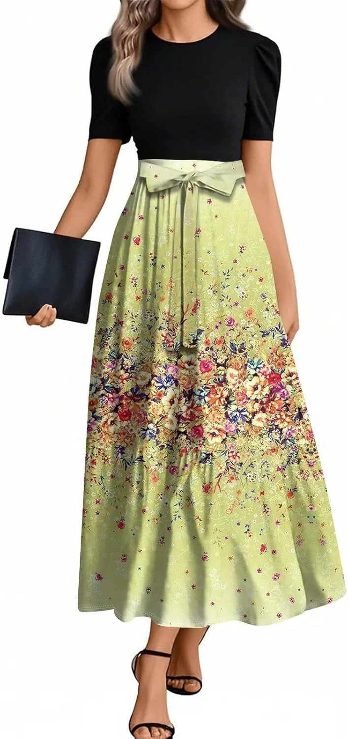 Summer Dresses for Women 2025 Patchwork a Line Dress Flowy Floral Long Sundress Short Sleeve Ruffle Hem Maxi Dress