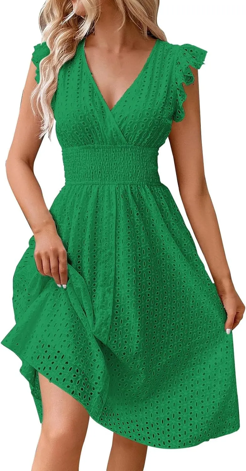 Summer Dresses for Women 2025,Women's Eyelet Embroidered Midi Solid Color Dresses Empire Waist Wrap V Neck A Line Dress