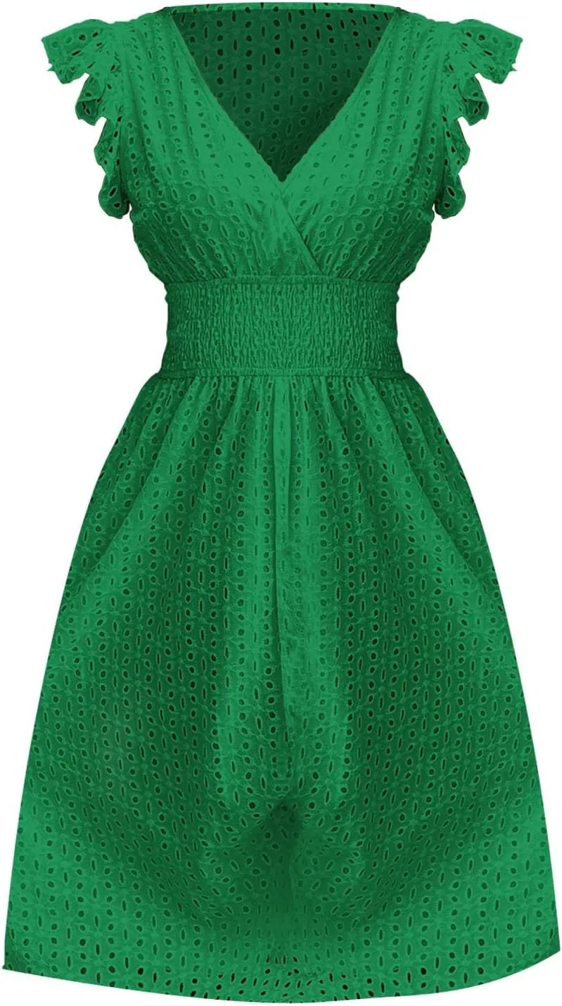 Summer Dresses for Women 2025,Women's Eyelet Embroidered Midi Solid Color Dresses Empire Waist Wrap V Neck A Line Dress
