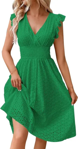 Summer Dresses for Women 2025,Women's Eyelet Embroidered Midi Solid Color Dresses Empire Waist Wrap V Neck A Line Dress