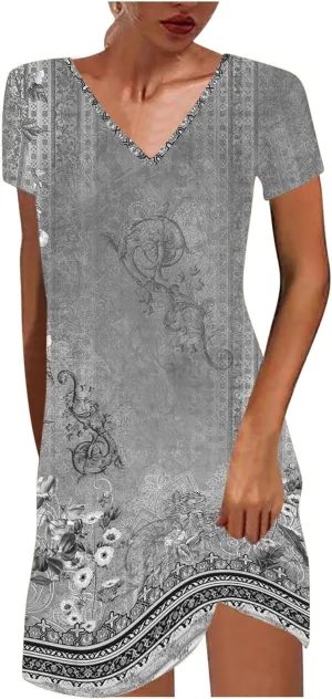 Summer Dresses for Women Boho Floral Print T-Shirts Dress Short Sleeve Sundresses Vintage Loose Tank Dresses
