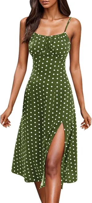 Summer Dresses for Women Spaghetti Strap Polka Dot Midi Dress 2025 Trendy Sexy Sleeveless Slit Beach Boho Sundresses