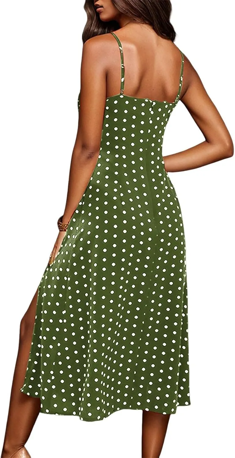 Summer Dresses for Women Spaghetti Strap Polka Dot Midi Dress 2025 Trendy Sexy Sleeveless Slit Beach Boho Sundresses