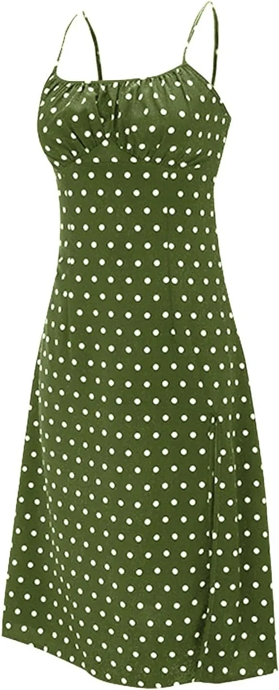 Summer Dresses for Women Spaghetti Strap Polka Dot Midi Dress 2025 Trendy Sexy Sleeveless Slit Beach Boho Sundresses