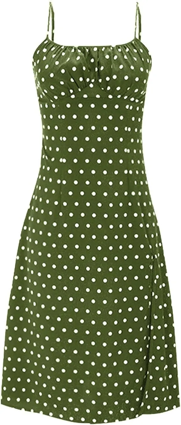 Summer Dresses for Women Spaghetti Strap Polka Dot Midi Dress 2025 Trendy Sexy Sleeveless Slit Beach Boho Sundresses