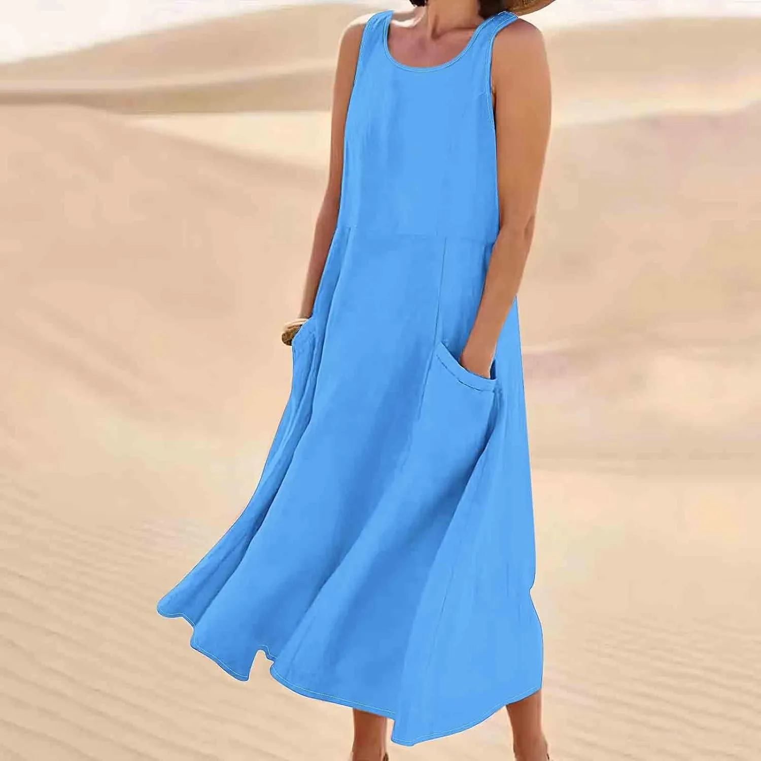 Summer Dresses for Womens Cotton Linen Sleeveless Maxi Dresses Casual Sun Dress Comfy Summer Beach Outfits with Pocket