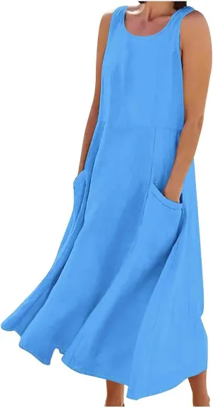 Summer Dresses for Womens Cotton Linen Sleeveless Maxi Dresses Casual Sun Dress Comfy Summer Beach Outfits with Pocket