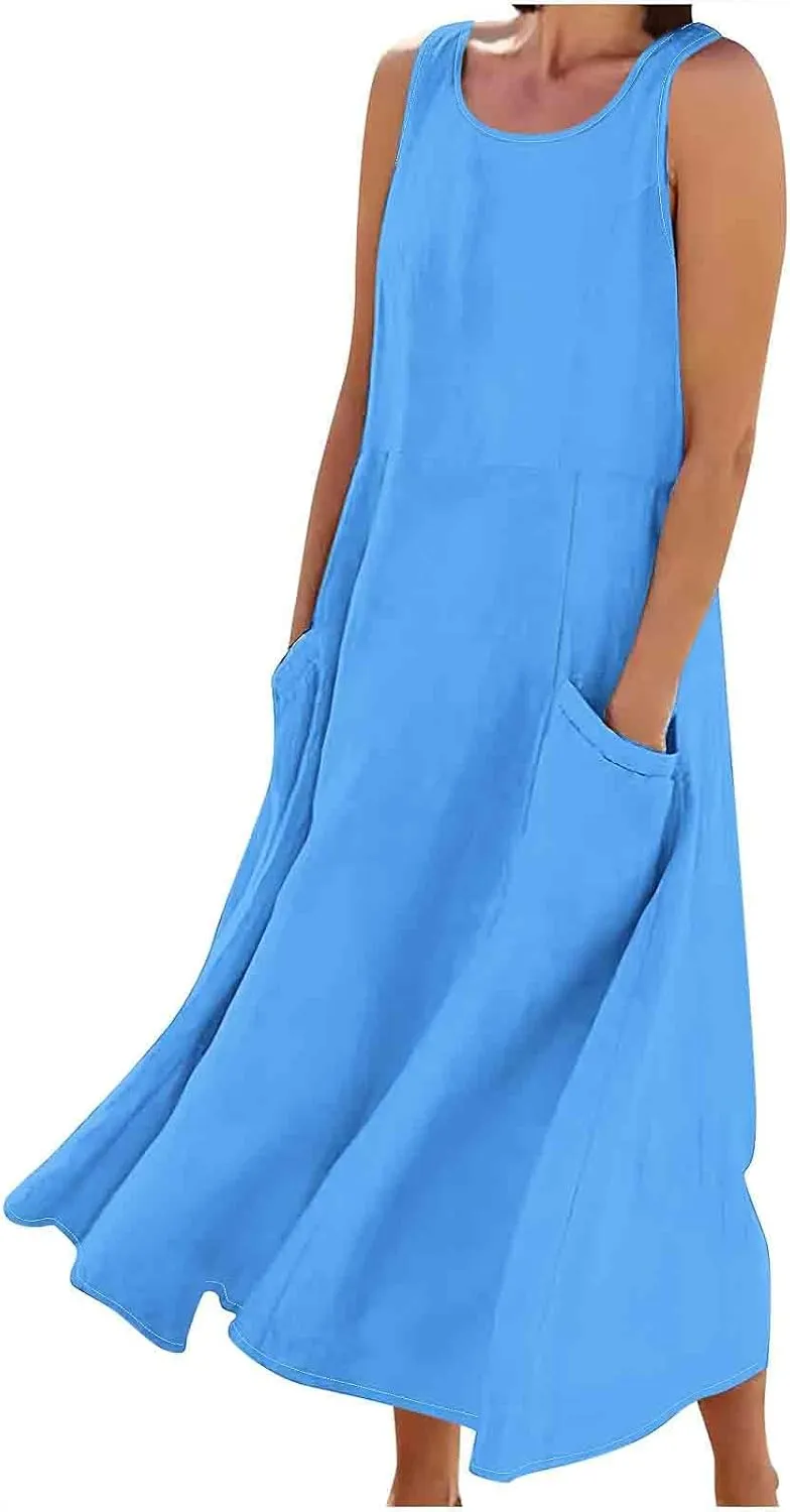Summer Dresses for Womens Cotton Linen Sleeveless Maxi Dresses Casual Sun Dress Comfy Summer Beach Outfits with Pocket