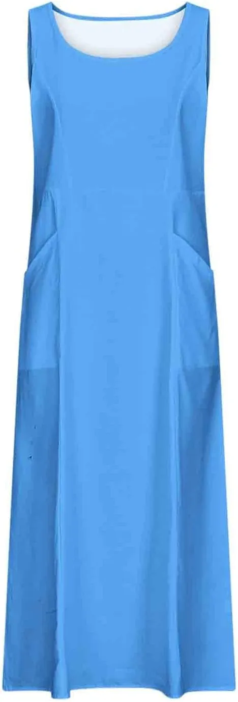 Summer Dresses for Womens Cotton Linen Sleeveless Maxi Dresses Casual Sun Dress Comfy Summer Beach Outfits with Pocket