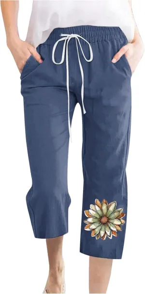 Summer Linen Capri Pants for Women Casual Floral Print Elastic High Waist Pant Straight Leg Cropped Trousers