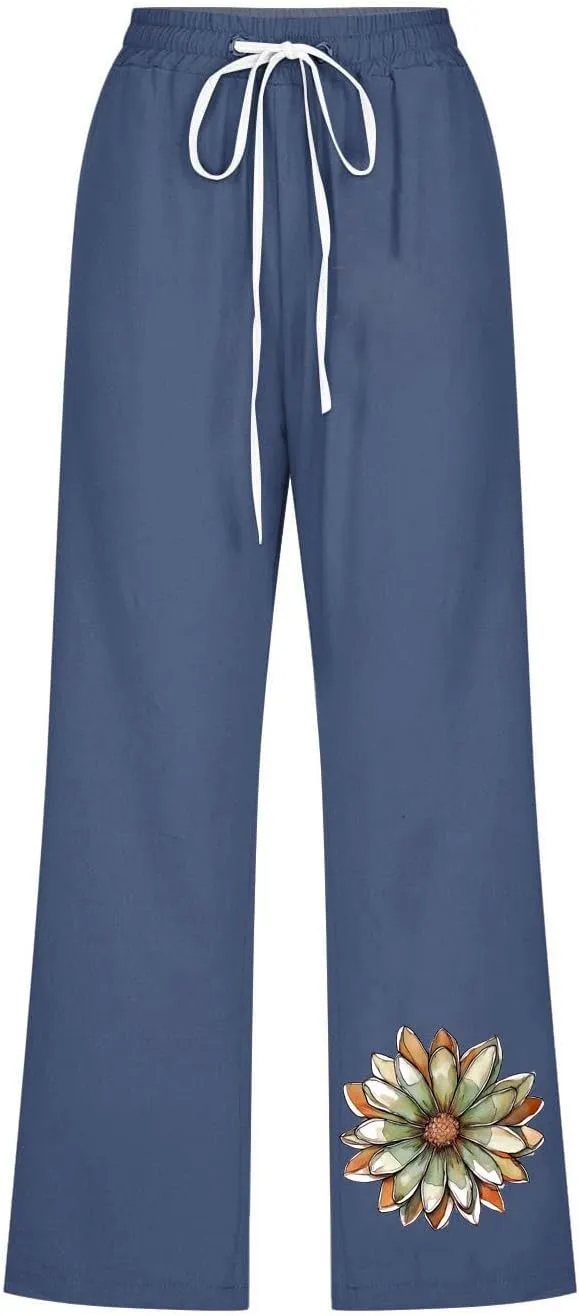 Summer Linen Capri Pants for Women Casual Floral Print Elastic High Waist Pant Straight Leg Cropped Trousers