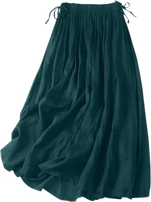 Summer Linen Skirts for Women 2025 Fashion Basic Solid Color Elastic Waist Lace-Up Boho Flowy Beach Skirt