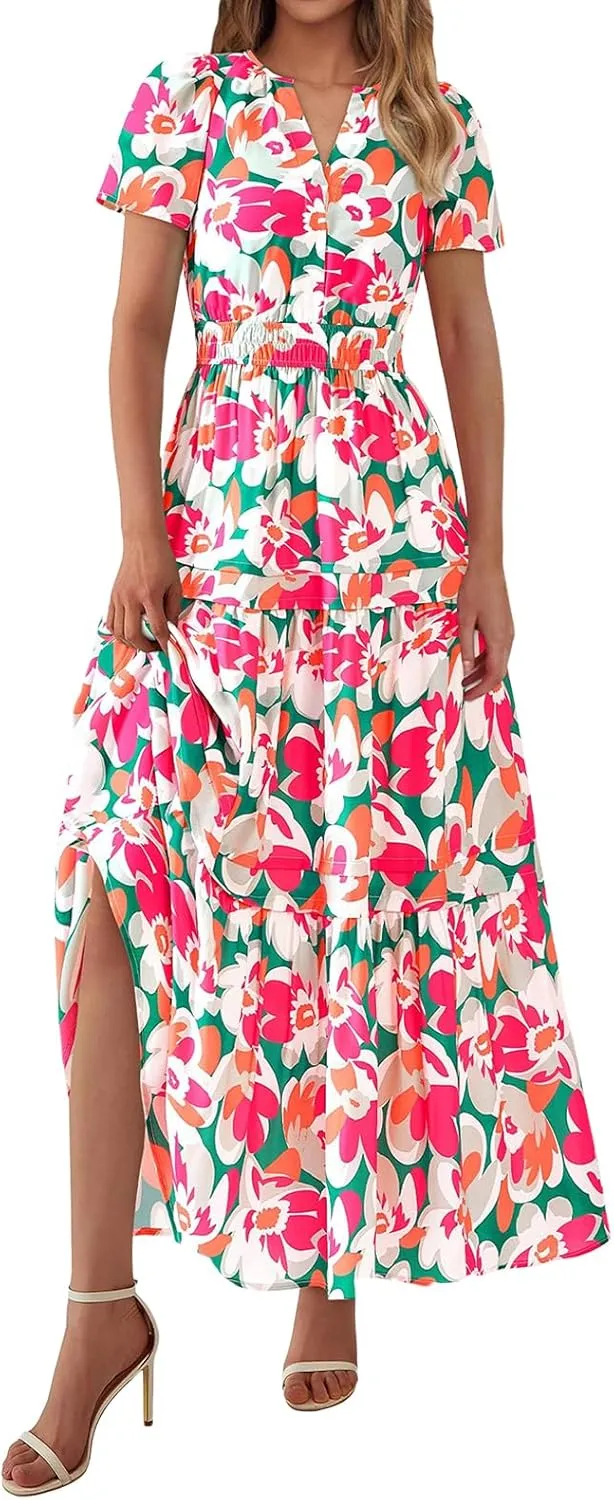 Summer Maxi Dress for Women Casual V Neck Short Sleeve Dresses Boho Floral A Line Tiered Flowy Beach Sundress