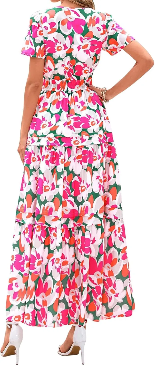 Summer Maxi Dress for Women Casual V Neck Short Sleeve Dresses Boho Floral A Line Tiered Flowy Beach Sundress