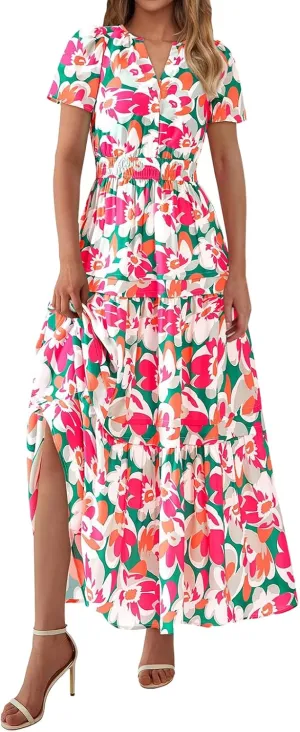 Summer Maxi Dress for Women Casual V Neck Short Sleeve Dresses Boho Floral A Line Tiered Flowy Beach Sundress