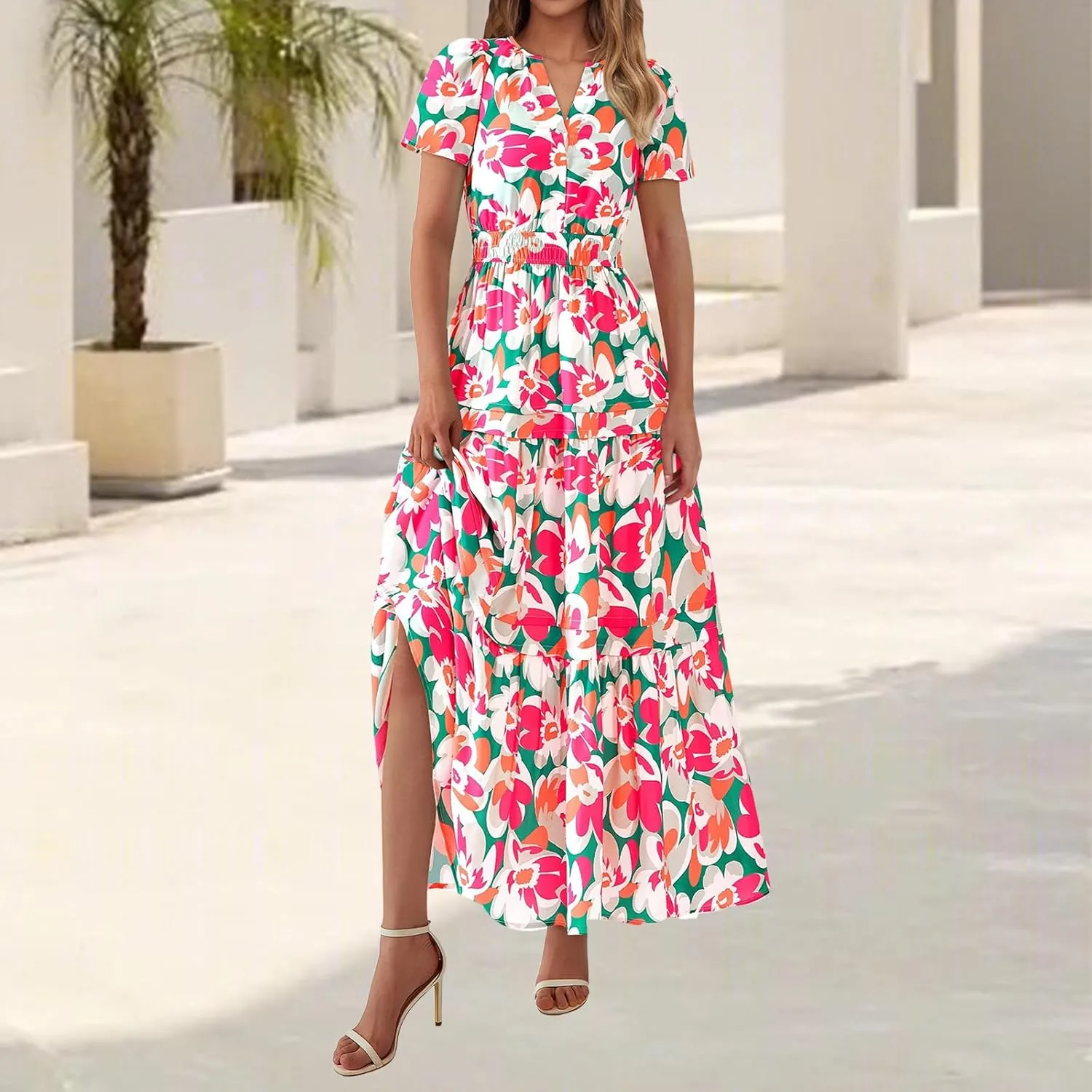 Summer Maxi Dress for Women Casual V Neck Short Sleeve Dresses Boho Floral A Line Tiered Flowy Beach Sundress